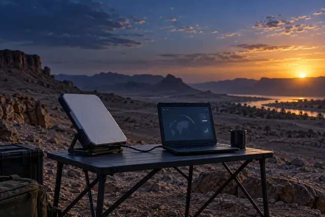 Illustration of a portable satellite broadband terminal and laptop in the field