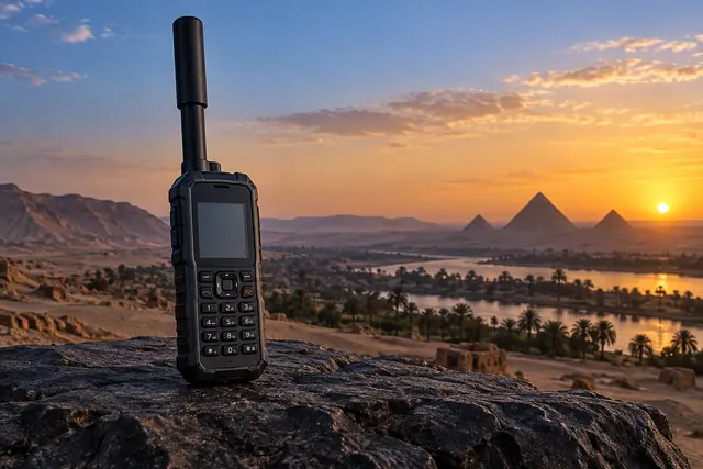 Illustration of a rugged satellite phone for field communication