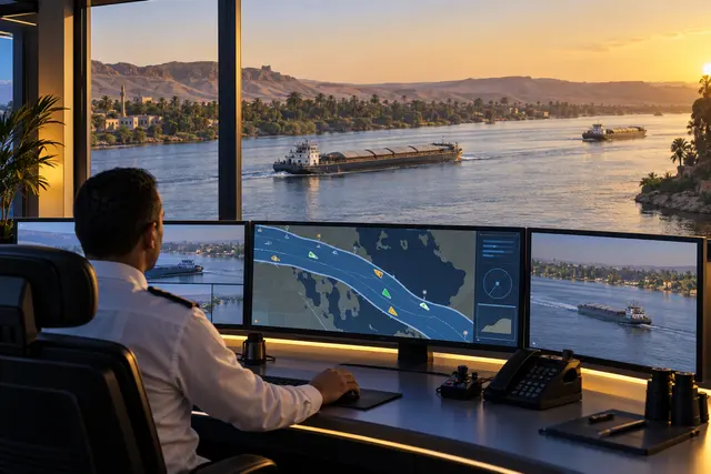 Illustration of a river control room monitoring inland cargo vessels